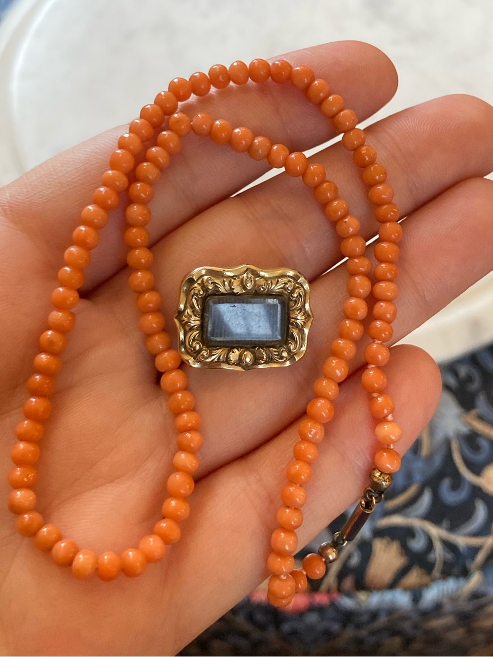 Antique Georgian Mini Hairwork Brooch & Victorian Carved Coral Choker Necklace